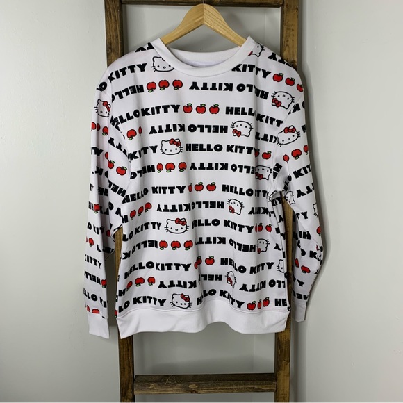 Hello Kitty Tops - Hello Kitty Repeat Text Women's White Crew Neck Long Sleeve Sweatshirt L